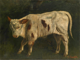 ambiguous_gender cloven_hooves feral half-closed_eyes hooves mottled narrowed_eyes painterly piebald quadruped side_view simple_background skin_folds solo standing tail textured_background unguligrade gustave_courbet public_domain bovid bovine cattle mammal 19th_century absurd_res ancient_art hi_res oil_painting_(artwork) painting_(artwork) signature traditional_media_(artwork) traditional_painting_(artwork)