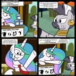 dialogue ear_piercing female feral horn humor necktie piercing princess royalty smile stripes text unimpressed epulson friendship_is_magic hasbro my_little_pony mythology princess_celestia_(mlp) zecora_(mlp) equid equine mammal mythological_creature mythological_equine unicorn zebra 1:1 2012 comic english_text hi_res url