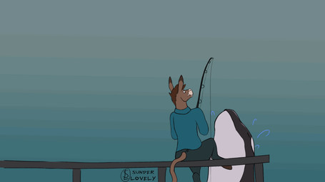 anthro big_breasts black_body black_skin blowhole bouncing_breasts breasts brown_body brown_fur clothed clothed_male clothing duo female fishing fishing_rod fur furgonomic_pants green_eyes huge_breasts larger_female male male/female nude nude_anthro nude_female sharp_teeth size_difference smaller_male surfacing tail teeth water white_body white_skin sunderlovely asinus cetacean dolphin donkey equid equine mammal marine oceanic_dolphin orca toothed_whale 16:9 2d_animation animated hi_res widescreen