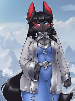 ahegao anthro aroused big_breasts black_body black_fur blush bodily_fluids breasts clothed clothing eyewear female fur glasses hair heart_pupils heterochromia looking_at_viewer looking_pleasured mature_anthro mature_female open_mouth robe smile solo tail text thick_thighs wearing_glasses wide_hips tasticstarlight canid canine canis jackal mammal 2025 3:4 artist_name dated digital_media_(artwork) hi_res
