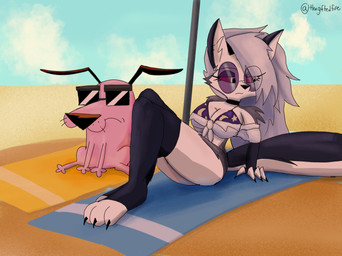 anthro beach beach_towel duo eyewear female male pink_body red_sclera sunglasses towel thegiftedfire cartoon_network courage_the_cowardly_dog hellaverse helluva_boss mythology courage_the_cowardly_dog_(character) loona_(helluva_boss) canid canid_demon canine canis demon domestic_dog hellhound mammal mythological_canine mythological_creature crossover hi_res