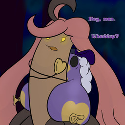 ambiguous_gender annoyed areola balloon balloon_breasts baseball_cap big_breasts breasts brown_body clothing dialogue duo female feral food fruit grey_eyes hair hat hat_only headgear headgear_only headwear headwear_only hug huge_breasts hugging_another hugging_from_behind hyper hyper_breasts inflatable long_hair looking_at_another looking_back looking_back_at_another mostly_nude night nipples non-mammal_breasts open_mouth pink_hair plant pumpkin purple_body purple_breasts sideways_baseball_cap simple_background text white_hair yellow_areola yellow_eyes yellow_nipples anoelotl nintendo pokemon florace_(anoelotl) animate_inanimate drifloon elemental_creature flora_fauna generation_4_pokemon generation_6_pokemon gourgeist living_inflatable pokemon_(species) 1:1 digital_drawing_(artwork) digital_media_(artwork) english_text hi_res shaded