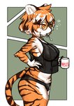 anthro beverage big_breasts biped black_clothing black_nose black_panties black_shirt black_topwear black_underwear breasts brown_body brown_ears brown_fur brown_hair brown_stripes brown_tail clothed clothing coffee coffee_mug container countershade_face countershade_fur countershade_legs countershade_torso countershading crotch_tuft cup cutlery eyewear female female_anthro fur glasses gloves_(marking) green_background hair hand_on_hip holding_coffee_mug holding_container holding_cup holding_mug holding_object humanoid_hands kemono kitchen_utensils markings mouth_hold mug multicolored_body multicolored_fur multicolored_hair multicolored_tail nipple_outline object_in_mouth orange_body orange_eyes orange_fur orange_hair orange_tail panties pantsless pupils shirt shirt_overhang side_view simple_background solo spoon spoon_in_mouth standing striped_body striped_fur striped_markings striped_tail stripes tail tail_markings tank_top tired tools topwear translucent translucent_clothing translucent_shirt translucent_topwear tuft two_tone_tail underwear white_background white_body white_countershading white_fur white_hair white_inner_ear white_pupils tofffffu arknights hypergryph studio_montagne waaifu_(arknights) felid mammal pantherine tiger 2024 colored hi_res portrait shaded three-quarter_portrait