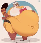 ahoge anthro belly big_belly big_breasts black_body black_fur bodily_fluids breasts brown_body brown_fur directional_arrow female fur hair hand_on_belly huge_belly huge_breasts huge_thighs hyper hyper_belly hyper_breasts hyper_thighs markings morbidly_obese morbidly_obese_anthro morbidly_obese_female multicolored_body multicolored_fur navel obese obese_anthro obese_female orange_body orange_fur overweight overweight_anthro overweight_female red_eyes smile solo striped_markings striped_tail stripes sweat sweatdrop tail tail_markings text thick_thighs weighing_scale white_body white_fur white_hair low_res_art kiki_(low_res_art) ailurid mammal red_panda hi_res watermark