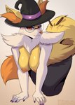2023 all_fours anthro areola black_body black_fur braixen breasts clothing collaboration colored_nails eyewear female fluffy fluffy_tail fur generation_6_pokemon glasses hanging_breasts hat hat_only headgear headgear_only headwear headwear_only hi_res inner_ear_fluff light_(codeco) lunarii mostly_nude multicolored_body multicolored_fur nails neck_tuft nintendo nipples nude orange_areola orange_nipples pokemon pokemon_(species) round_glasses sluggystudio solo stick tail tuft white_body white_fur witch_hat witch_hat_only x-leon-x yellow_body yellow_fur