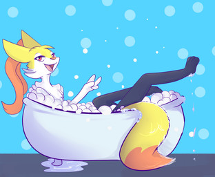 3_toes 4_fingers ambiguous_gender anthro bath bathing bathtub black_body black_fur blue_background bubble bubble_bath chest_tuft dipstick_tail feet fingers fur gesture hand_gesture inner_ear_fluff looking_at_viewer lying markings multicolored_tail on_back open_mouth orange_nose pink_eyes semi-anthro simple_background smile solo tail tail_markings teeth toes tongue tuft v_sign water wet white_body white_fur yellow_body yellow_fur kitsunekotaro nintendo pokemon braixen_vesta_(kitsunekotaro) braixen canid canine generation_6_pokemon mammal pokemon_(species) 2017 digital_media_(artwork)