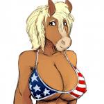 1:1 american_flag american_flag_bikini anthro big_breasts bikini blonde_hair breasts butterscotch_(hladilnik) cleavage clothed clothing equid equine female flag_bikini flag_clothing flag_print flag_swimwear hair hi_res hladilnik horse huge_breasts mammal nipple_outline print_bikini print_clothing print_swimwear smile solo swimwear united_states_of_america