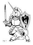 anthro armor crusader female horn knight male melee_weapon shield simple_background solo sword warrior weapon white_background megan_giles mythology equid equine mammal mythological_creature mythological_equine unicorn monochrome