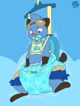 3_toes ageplay ambiguous_gender anthro anthrofied baby_bouncer bandage bandage_on_face bandage_on_nose bib big_diaper biped black_body blue_background blue_body blue_fur blue_pacifier blush clothed clothing diaper embarrassed eyewear feet fur goggles infantilism pacifier pokemorph purple_eyes roleplay simple_background solo toes toony wearing_diaper bubblepuppers innocentenough nintendo pokemon aqua_(innocentenough) dewott generation_5_pokemon pokemon_(species) 2020 digital_media_(artwork) hi_res