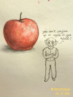 anthro apple bottomwear clothed clothed_anthro clothed_male clothing crossed_arms dialogue ears_up food fruit fur horn looking_at_viewer male open_mouth pants plant shirt solo text topwear wool_(fur) reynard_goodfellow reynard_the_baa bovid caprine mammal sheep 2025 hi_res traditional_media_(artwork)