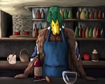 alcohol anthro apron bar bartender beverage bottle clothing container corkscrew cup drinking_glass feathers glass glass_container glass_cup inside looking_at_viewer male solo standing wine wine_glass yenocwolf birdtember anas anatid anseriform avian bird dabbling_duck duck mallard 5:4 absurd_res hi_res