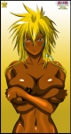 alternative_fashion black_border blonde_hair border breasts covering covering_self crossed_arms dark_body dark_skin female ganguro_(fashion) gradient_background green_eyes gyaru hair human_only j-fashion looking_at_viewer not_furry nude simple_background solo tattoo text yellow_background queen-vegeta69 bleach_(series) tia_halibel human mammal absurd_res grandfathered_content hi_res spanish_text translated