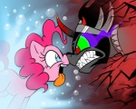 abstract_background angry armor bared_teeth black_hair blue_eyes bubble crown duo eye_contact eye_mist female feral fur green_sclera grin hair headgear horn looking_at_another male nose_to_nose open_mouth pink_body pink_fur pink_hair red_eyes simple_background smile smoking_eyes tongue tongue_out mickeymonster friendship_is_magic hasbro my_little_pony mythology king_sombra_(mlp) pinkie_pie_(mlp) earth_pony equid equine horse mammal mythological_creature mythological_equine pony unicorn 2013