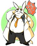 2022 anthro belly big_belly blush bottomwear clothed clothing eyes_closed giant_ojou-sama japanese_text kemono lagomorph leporid male mammal necktie okudami open_clothing open_shirt open_topwear overweight overweight_male pants rabbit sebastian_(giant_ojou-sama) servant_(giant_ojou-sama) shirt solo text topwear white_body