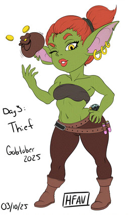 belt big_ears boots bottomwear breasts brown_boots brown_bottomwear brown_clothing brown_footwear brown_pants clothed clothing coin coin_pouch eyelashes female footwear front_view green_body green_skin grey_clothing grey_topwear hair hand_on_hip humanoid_pointy_ears lipstick looking_at_viewer makeup navel notched_ear one_eye_closed orange_hair pants pointy_ears red_lipstick shoes simple_background small_breasts solo text thick_thighs thief topwear white_background wide_hips wink winking_at_viewer yellow_eyes h-fav gobtober goblin humanoid 2025 absurd_res hi_res