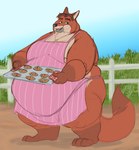 2022 anthro apron belly big_belly biped black_nose canid canine captainjusticevirtsuoso clothing cookie disney food fox gideon_grey hi_res humanoid_hands male mammal obese obese_male orange_body outside overweight overweight_male red_fox solo true_fox zootopia