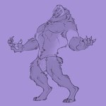 anthro bottomwear claws clothed clothing eyes_closed fur fur_tuft loincloth loincloth_only male mid_transformation muscular muscular_anthro muscular_male navel nipples pawpads purple_background raised_head roaring sharp_teeth simple_background snout solo standing tail teeth topless transformation tuft awarebear felid mammal prehistoric_species saber-toothed_tiger smilodon weresmilodon 1:1