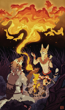 anthro duo female fire fireplace grass male night plant ritual shrub tribal tribal_clothing geaidu geaidu(character) kalshan_(purrma) felid feline gulonine mammal mustelid musteline serval wolverine 2026 absurd_res hi_res