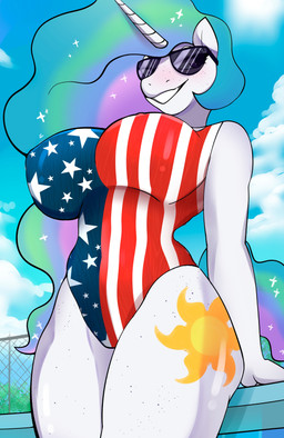 american_flag_clothing anthro big_breasts biped breasts clothed clothing cutie_mark eyelashes eyewear female freckles horn one-piece_swimsuit outside pupils smile solo sunglasses swimwear thick_thighs white_body purbleindigo friendship_is_magic hasbro my_little_pony mythology princess_celestia_(mlp) equid equine mammal mythological_creature mythological_equine unicorn absurd_res hi_res
