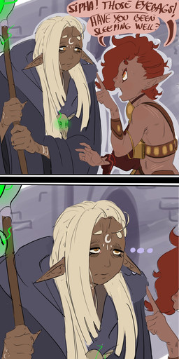 dark_body dark_skin duo eye_bags facial_markings female hair head_markings humanoid_pointy_ears long_hair markings pointy_ears red_hair staff text tired white_hair dreamy_pride sisypha_(dreamy_pride) elf humanoid comic english_text hi_res