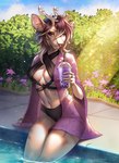 anthro antler_ring antlers beverage bikini black_bikini black_bikini_bottom black_bikini_top black_clothing black_swimwear blue_sky breasts brown_body brown_eyes brown_fur brown_hair bubble_tea clothed clothing cloud curvy_figure day detailed_background drinking_straw ear_chain ear_chains ear_piercing ear_ring facial_piercing feet_in_water female flower fur gold_(metal) gold_jewelry hair hand_on_ground heterochromia highleg_bikini holding_beverage holding_object horn industrial_piercing jewelry looking_at_viewer medium_breasts medium_hair multicolored_hair multiple_piercings navel navel_piercing nose_piercing nose_ring outside partially_submerged piercing plant pool poolside purple_eyes purple_flower revealing_outfit ring ring_piercing robe septum_piercing septum_ring shrub sitting sitting_on_ground skimpy sky smile smiling_at_viewer solo swimming_pool swimwear thick_thighs translucent translucent_clothing translucent_robe two-piece_swimsuit two_tone_hair water wide_hips fleet-foot yasmil cervine deer mammal 2023 hi_res