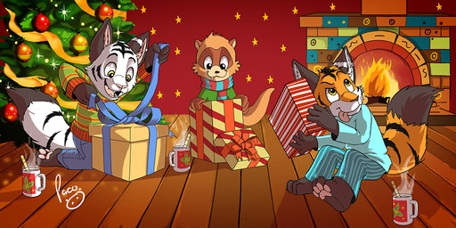 anthro blue_clothing blue_shirt blue_topwear christmas_tree closed_smile clothed clothing fangs fireplace front_view fur gift glistening glistening_eyes green_clothing green_sweater green_topwear group holidays inside kneeling logo looking_up male markings mouth_closed open_mouth open_smile orange_body orange_fur pattern_clothing pattern_sweater pattern_topwear pink_tongue plant shirt sitting smile striped_body striped_clothing striped_fur striped_markings striped_sweater striped_tail striped_topwear stripes sweater tail tail_markings tan_body tan_fur teeth three-quarter_view tongue tongue_out topwear tree trio white_body white_fur yellow_eyes young young_anthro young_male pandapaco christmas felid mammal mustelid otter artist_logo signature
