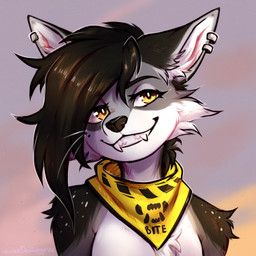 anthro bangs ear_piercing fangs female kerchief piercing piersing smile smirk solo teeth whiskers yellow_eyes lonerdemiurge canid canine canis coyote mammal 1:1 absurd_res hi_res portrait