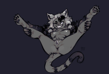 anthro anus areola bangs breasts butt chest_tuft claws feet female fur genitals grey_background grey_body grey_fur grin hair happy legs_up looking_at_viewer navel nipples nude one_eye_closed pawpads ponytail presenting presenting_vulva seductive sharp_teeth simple_background smile smiling_at_viewer solo spread_legs spreading tail teeth tuft vulva wink y_anus bestfriendforever domestic_cat felid feline felis mammal 2023 digital_media_(artwork) hi_res