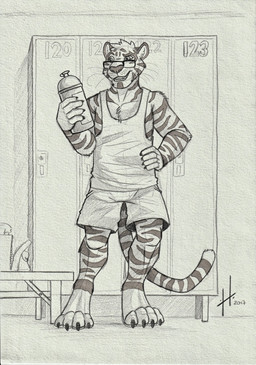 anthro bottle bottomwear clothing container eyewear front_view glasses hand_on_hip holding_bottle holding_container holding_object inside locker_room male male_anthro markings open_mouth open_smile rectangular_glasses shorts smile solo standing striped_arms striped_legs striped_markings striped_tail stripes tail tail_markings topwear hufnaar hufnaar_(character) felid mammal pantherine tiger hi_res monochrome sketch