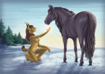 ambiguous_gender anthro biped black_body black_fur black_mane black_tail breasts brown_body brown_fur brown_hair brown_spots brown_tail day detailed_background duo ear_tuft featureless_breasts female feral fur green_eyes hair kneeling long_hair long_tail mane markings multicolored_body multicolored_fur multicolored_tail nude on_one_knee open_mouth outside pink_nose plant quadruped short_tail sky snout snow spots spotted_body spotted_fur sun tail tan_body tan_fur tan_tail tree tuft two_tone_tail yellow_sclera reallynxgirl lynxgirl equid equine felid feline horse lynx mammal 2011 digital_media_(artwork) signature