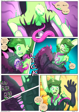 anthro anus asphyxiation assimilation backsack balls bedroom bedroom_sex big_ears big_eye bodily_fluids buckteeth butt choking comic_panel desk dialogue duo fur fur_markings furniture furry_tail genitals glowing glowing_eyes goo_transformation green_body green_fur green_hair hair horn hug imminent_sex licking long_ears male male/male markings melting nude penis pink_body pink_hair saliva saliva_string shark_teeth slime spots spotted_body spotted_fur superpowers table tail tan_body teeth tentacles text tongue transformation lavasaurous lazarus_(lavasaurous) simon_(lavasaurous) dinosaur dromaeosaurid furred_scalie goo_creature hybrid lagomorph leporid mammal monster prehistoric_species rabbit reptile saurischian scalie symbiote theropod absurd_res comic english_text hi_res