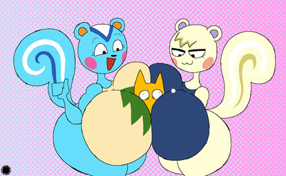 anthro between_breasts big_breasts blue_body blue_fur blush breast_squish breasts clothing countershade_face countershade_tail countershading crop_top curvy_figure eyelashes female fur group halftone_background huge_breasts logo male open_mouth open_smile pattern_background shirt simple_background smile spherical_breasts squish tail tan_body tan_fur text thick_thighs topwear trio wide_hips yellow_body yellow_fur thatdawgmurray animal_crossing nintendo filbert_(animal_crossing) marshal_(animal_crossing) murray_(thatdawgmurray) canid canine canis domestic_dog mammal rodent sciurid tree_squirrel aliasing artist_logo artist_name digital_media_(artwork) halftone hi_res signature busty_boy_(lore)