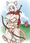 anthro arrow_(weapon) big_breasts blue_eyes blush bow_(weapon) breasts cleavage clothed clothing female fur grass melee_weapon midriff navel outside plant ranged_weapon solo sword weapon white_body white_fur daigaijin maple_pericrest domestic_cat felid feline felis mammal hi_res