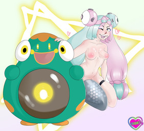 ambiguous_gender areola blue_hair blush blush_lines breasts duo eyelashes fake_eyes female front_view green_body hair heart_symbol kneeling long_hair looking_at_viewer multicolored_hair navel nipples nude one_eye_closed open_mouth open_smile pink_areola pink_hair pink_nipples pseudo_eyes sharp_teeth small_breasts smile teeth thick_thighs two_tone_hair wide_hips wink winking_at_viewer yellow_eyes toxiee nintendo pokemon iono_(pokemon) bellibolt generation_9_pokemon human mammal pokemon_(species) hi_res