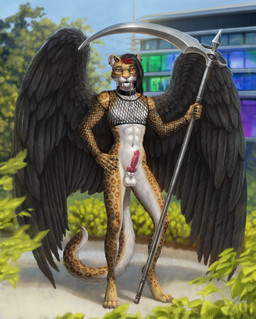 4_toes 5_fingers animal_genitalia animal_penis anthro armwear balls barbed_canine_penis biped black_claws black_clothing black_eyebrows black_hair black_wings bottomless bottomwear brown_body brown_fur canine_genitalia canine_penis claws clothed clothing collar detailed_feathers digitigrade ear_piercing ear_ring erection eyebrows eyewear feathered_wings feathers feet feline_genitalia feline_penis fingers fishnet_armwear fishnet_clothing fishnet_shirt fishnet_topwear fur furgonomic_piercing furgonomics genital_piercing genitals glasses hair hamburg_(city) holding_object holding_weapon horn hybrid_genitalia hybrid_penis jewelry knot knotted_feline_penis knotted_penis long_tail looking_at_viewer male markings melee_weapon mostly_nude multicolored_hair navel navel_piercing necklace nipple_piercing nipples occult_symbol orange_eyes pawpads paws penile_spines penis pentacle pentacle_necklace piercing pink_nipples pink_nose pink_penis polearm posing_for_picture pupils red_hair ring_piercing scythe sheath sheath_piercing shirt sidecut slit_pupils solo spots spotted_body spotted_fur standing symbol tail toes topwear tuft two_tone_hair weapon white_body white_fur wings himeragoldtail ashnu felid mammal prehistoric_species saber-toothed_tiger 2026 detailed hi_res