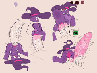 abdominal_bulge anthro anus bodily_fluids breasts clitoral_hood clitoris clothing duo emanata extreme_penetration extreme_size_difference featureless_breasts female genital_fluids genitals hat headgear headwear male male/female nude nude_female orifice_tugging penetration penis pink_anus pink_vulva purple_body red_eyes size_difference spread_legs spreading vaginal vaginal_fluids vaginal_penetration vaginal_tugging vein veiny_penis vulva witch_hat defunctumbra microsoft minecraft mojang xbox_game_studios creeper_(minecraft) enderman 2026 4:3 absurd_res hi_res multiple_scenes sketch