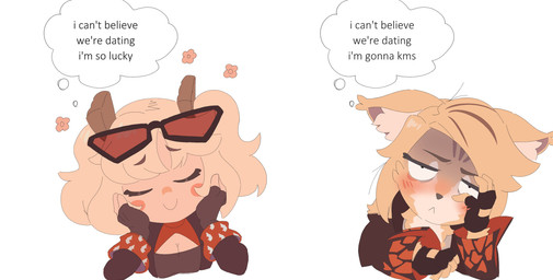 accessory anthro blonde_hair blush blush_stickers breasts cheek_tuft cleavage cleavage_cutout clothed clothing contemplating cutout depression duo ear_tuft eyewear eyewear_on_head facial_tuft female fingerless_gloves flower_symbol frown fur gloves hair hair_accessory hand_on_cheek handwear happy humor jacket leather leather_clothing leather_jacket leather_topwear pigtails ponytail shadow_on_face simple_background smile suicidal_ideation sunglasses sunglasses_on_head text thinking thought_bubble topwear tuft twintails_(hairstyle) white_background white_body yellow_body yellow_fur mangedugruau mihoyo zenless_zone_zero burnice_white pulchra_fellini felid feline human mammal thiren 2025 absurd_res digital_media_(artwork) hi_res