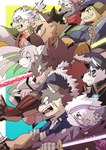 accessory anthro brown_body brown_fur eyewear fur glasses grey_body grey_fur group hair headband katana long_hair male melee_weapon ninja pink_body pink_fur ponytail samurai scar smile sword warrior weapon kakeroid lifewonders tokyo_afterschool_summoners masanori_(tas) masashi_(tas) moritaka_(tas) nobumichi_(tas) shino_(tas) tadatomo_(tas) tanetomo_(tas) yasuyori_(tas) yoshito_(tas) canid canine canis domestic_dog mammal hi_res