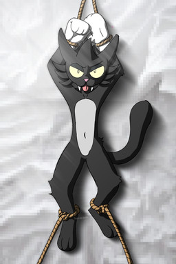 3_toes annoyed anthro arms_tied arms_tied_above_head bedding bedding_background black_body bound clothing fangs feet gloves grey_body handwear legs_tied looking_at_viewer male navel rope shade_contrast simple_background solo teeth text toes tongue tongue_out yellow_eyes kugel_its_just the_itchy_and_scratchy_show the_simpsons scratchy_(the_simpsons) domestic_cat felid feline felis mammal absurd_res digital_drawing_(artwork) digital_media_(artwork) hi_res shaded
