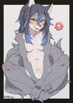 4_toes anthro blue_hair blush bodily_fluids breasts claws convenient_censorship crossed_legs cum cum_in_mouth cum_inside cute_fangs fangs feet female female_anthro fur genital_fluids grey_body grey_fur grey_hair hair half-closed_eyes heart_symbol kemono long_hair looking_at_viewer multicolored_body multicolored_fur multicolored_hair narrowed_eyes naughty_face navel nude open_mouth paws solo teeth toe_claws toes tongue two_tone_body two_tone_fur white_body white_fur yellow_eyes ayabemiso canid canine canis mammal wolf 2022 digital_media_(artwork) hi_res signature translated_description