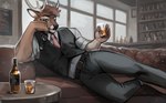 5_fingers alcohol anthro antlers beverage biped bottle bottomwear brown_hair clothed clothing container eyebrows eyewear fingers glasses hair horn male necktie pants seductive solo ksfrost sukia_cervio deer mammal absurd_res hi_res