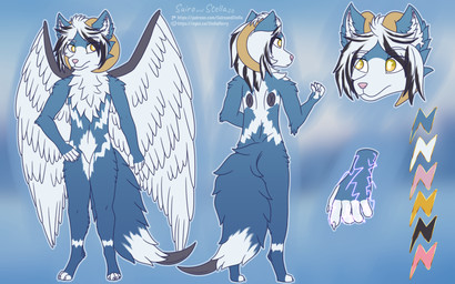 anthro black_hair blue_body blue_fur chest_tuft color_swatch electricity electricity_from_body electricity_manipulation elemental_manipulation feathered_wings feathers fluffy fluffy_chest fluffy_tail front_view fur fur_markings gesture hair horn lightning_bolt_marking looking_at_viewer looking_away magic markings neck_tuft paws pink_nose pupils rear_view spiked_tail spikes spikes_(anatomy) tail tuft white_body white_fur white_hair white_pupils wings yellow_eyes stellaamoris mythology canid canid_demon canine demon hellhound mammal mythological_canine mythological_creature absurd_res digital_media_(artwork) digital_painting_(artwork) hi_res model_sheet painting_(artwork)