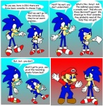 anthro black_eyes blue_body blue_fur clothing dialogue duo facial_hair footwear fur gloves green_eyes handwear laugh male misunderstanding mustache oops past_meets_present shoes side_mouth square_crossover text wakeangel2001 classic_sonic_(universe) mario_bros nintendo sega sonic_the_hedgehog_(series) classic_sonic mario sonic_the_hedgehog eulipotyphlan hedgehog mammal 2011 comic crossover english_text