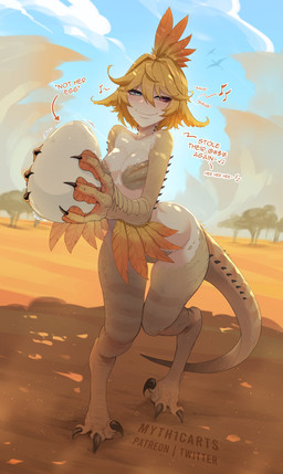 blonde_hair breasts claws cloud dialogue directional_arrow egg feathers female finger_claws fusion green_eyes hair heterochromia holding_egg holding_object musical_note musical_symbol plant red_eyes sky solo stealing symbol tail text toe_claws tree myth1carts capcom monster_hunter vtuber dokibird animal_humanoid avian avian_humanoid bird_humanoid bird_wyvern humanoid hybrid kulu-ya-ku 2025 absurd_res artist_name english_text hi_res