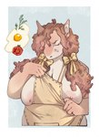 annoyed anthro big_breasts breasts clothing eyes_closed female hair nipples overalls overalls_only ribbons simple_background slightly_chubby solo niochem species_request 2022 digital_media_(artwork) hi_res