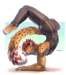 anthro arm_tuft barefoot big_butt black_bodysuit black_clothing black_nose black_skinsuit blue_eyes blush bodysuit brown_markings brown_spots bulge butt cheetah cheetahpaws cheetahpaws_(character) claws clothed clothed_anthro clothed_male clothing cute_fangs detailed_bulge dipstick_tail ear_piercing ear_ring elbow_tuft erection erection_under_clothing exclamation_point fangs feet felid feline finger_claws fingerless_(marking) fingers full-length_portrait fur genital_outline genitals hair hi_res humanoid_genitalia humanoid_penis long_tail male male_anthro mammal markings mouth_closed penis penis_outline piercing plantigrade portrait pose red_ears red_hair red_markings red_stripes ring_(marking) ring_piercing ringed_tail scorpion_(position) side_view simple_background skinsuit solo spots spotted_body spotted_fur spotted_markings spotted_tail striped_markings striped_tail stripes tail tail_markings teeth tight_clothing toe_claws toeless_(marking) toes translucent translucent_clothing tuft unitard unwanted_erection whiskers white_background white_fingers white_inner_ear white_markings white_stripes white_tail_tip white_toes yellow_body yellow_fur yoga