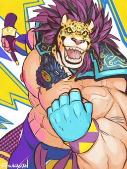 abs abstract_background angry big_muscles big_pecs biped blue_clothing blue_gloves blue_handwear bottomwear cape clothed clothing electronics feathered_cape feathers fingerless_gloves fist for_a_head gloves gums handwear holding_microphone holding_object male microphone muscular navel nipples pants pecs pink_nipples pink_nose purple_body purple_clothing purple_feathers purple_gloves purple_handwear simple_background solo stylized_background tan_body teeth text tight_bottomwear tight_clothing tight_pants tongue veiny_body veiny_chest ritsukaxan tekken king_(tekken) animal_head animal_humanoid felid human humanoid jaguar mammal pantherine 2024 3:4 artist_name colored digital_drawing_(artwork) digital_media_(artwork) english_text hi_res signature