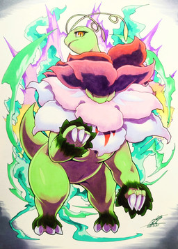 ambiguous_gender antennae_(anatomy) blush blush_lines breasts busty_feral claws eyelashes featureless_breasts feral green_body looking_at_viewer medium_breasts navel open_mouth orange_eyes simple_background solo tail tongue 025aki nintendo pokemon generation_9_pokemon mega_evolution mega_meganium pokemon_(species) 2025 absurd_res dated hi_res signature