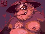 anthro belly biped brown_body brown_fur clothing fur hat headgear headwear humanoid_hands kemono male nipples overweight overweight_anthro overweight_male simple_background solo text nanadragon4 canid canine mammal raccoon_dog tanuki 2020 4:3 digital_media_(artwork) pixel_(artwork)