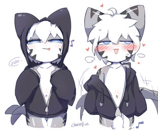 anthro blue_eyes blush bodily_fluids bottomless clothed clothing fin grey_body hair hoodie hoodie_only looking_at_viewer male multicolored_body open_mouth shark_tail simple_background smile solo stripes tail topwear topwear_only white_body white_hair cheesefries changed_(video_game) tiger_shark_(changed) aquatic canid canine fish mammal shark hi_res
